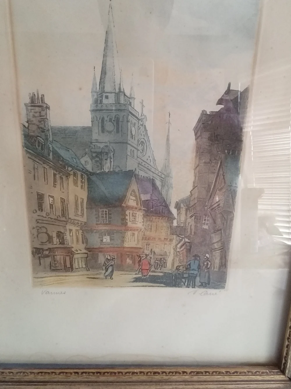Vintage Vannes France City Street Etching Signed H. Carre Gold Framed Art